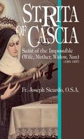 Book cover of 'St. Rita of Cascia' by Fr. Joseph Sicardo, O.S.A., featuring an illustration of a woman holding a crucifix .