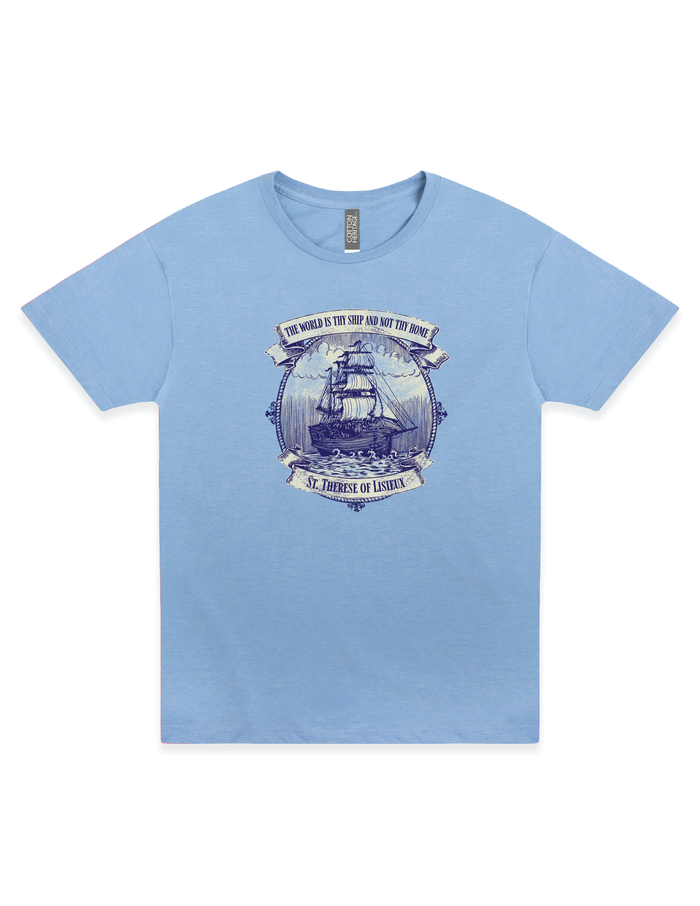 Light blue t-shirt with a ship graphic and text on a white background