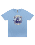 Light blue t-shirt with a ship graphic and text on a white background