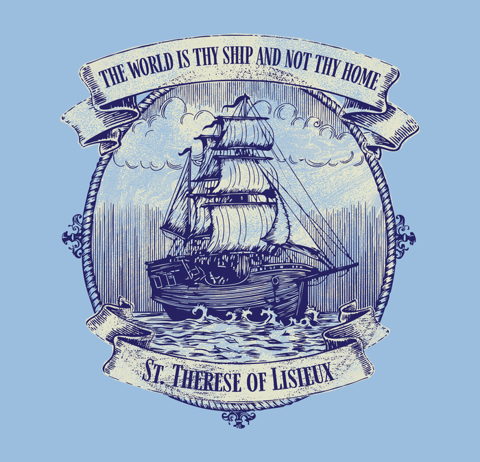 Nautical design with ship and text on a light blue background
