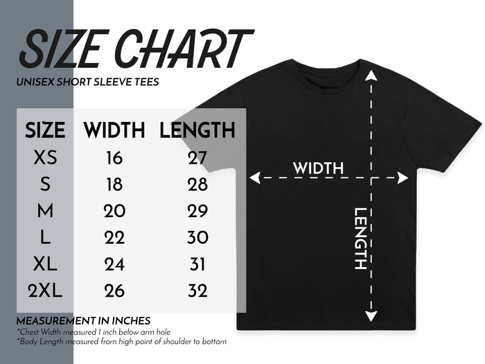 Size chart for unisex short sleeve tees with a black t-shirt illustration.