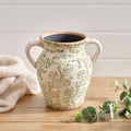 Stoneware Urn Vase with double handles and soft green toile de Jouy pattern on cream background.