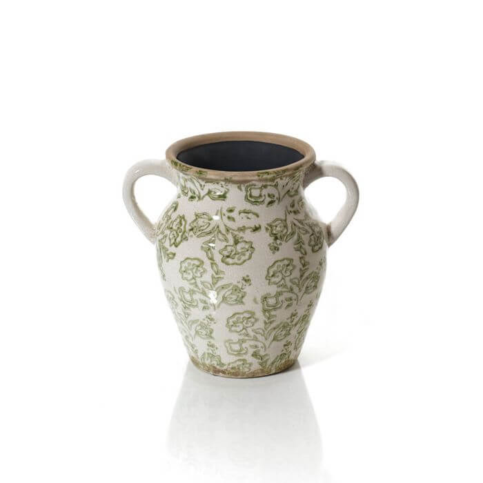 Stoneware Urn Vase with double handles, soft green floral toile de Jouy pattern on a cream background.