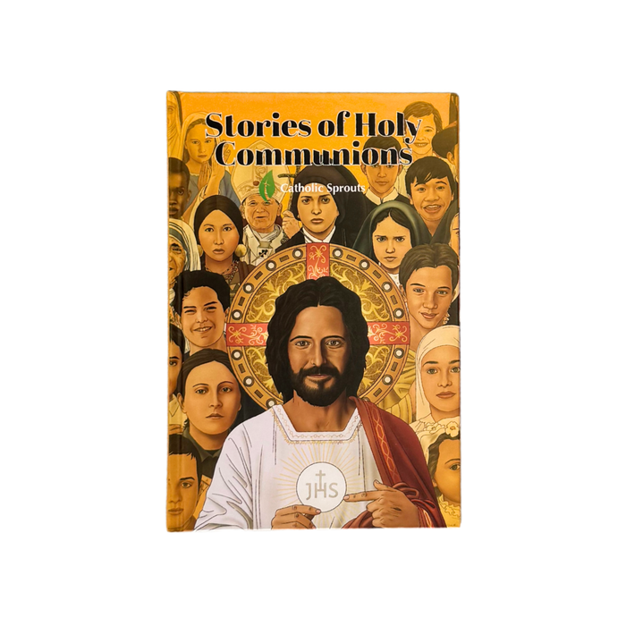 Book cover titled 'Stories of Holy Communion' with illustrations of people and a central figure, on a white background.