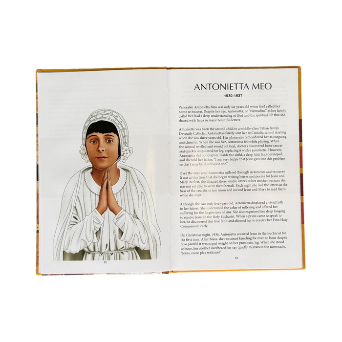 Open book with illustration of a woman and text on a white background