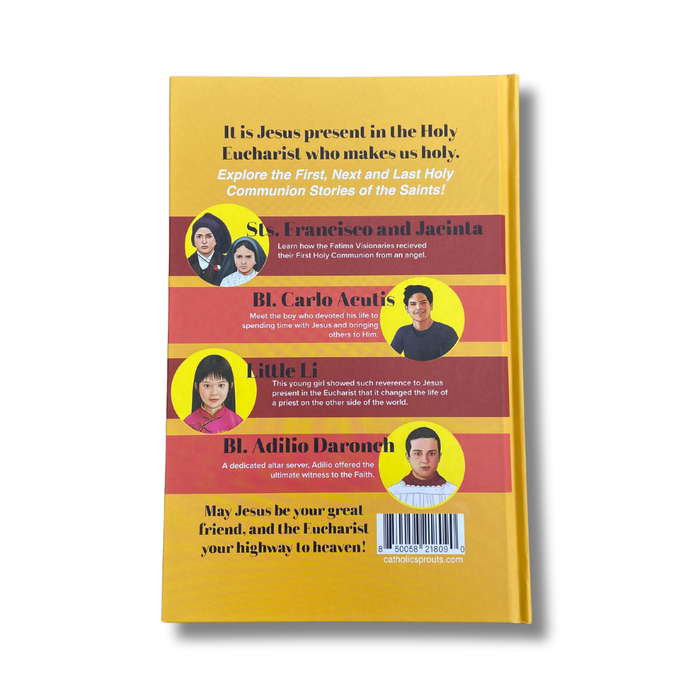 Book cover with yellow background and text about Holy Communion stories, featuring images of people.