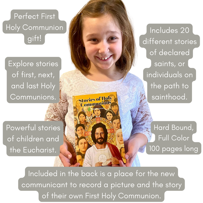 Young girl holding a book titled 'Stories of Holy Communions' with promotional text about its contents.