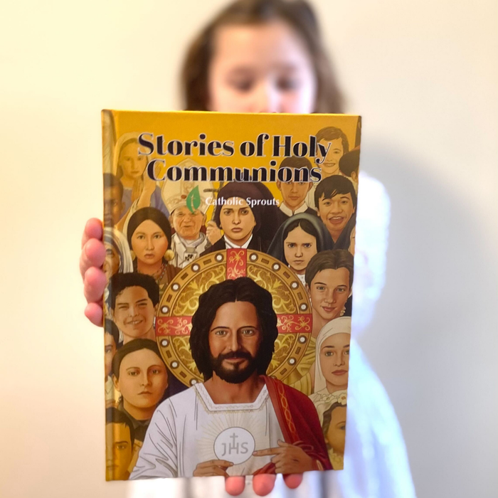 Book titled 'Stories of Holy Communions' held by a person with a blurred face.