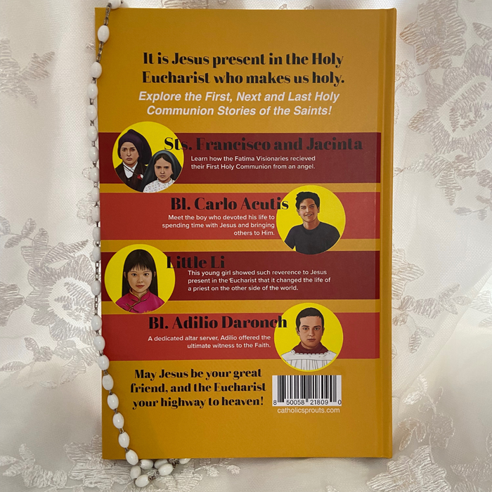 Book cover with religious text and images of saints on a textured surface