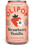 OLIPOP Strawberry Vanilla soda can with condensation, featuring strawberry and flower graphics, 12 fl oz.