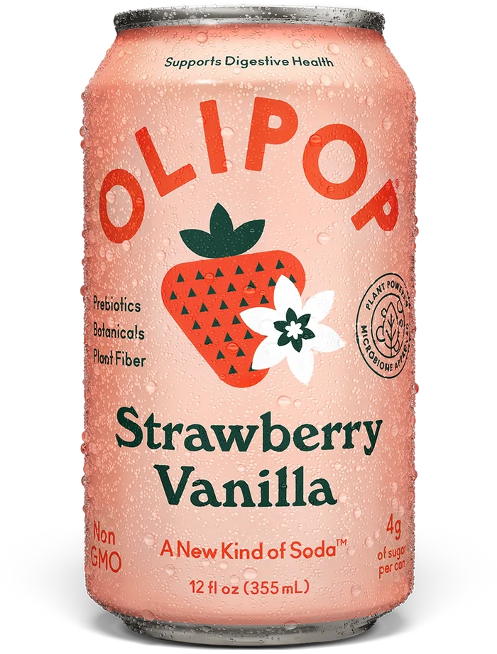 OLIPOP Strawberry Vanilla soda can with condensation, featuring strawberry and flower graphics, 12 fl oz.