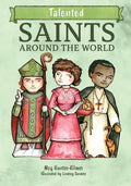 Book cover of 'Talented Saints Around the World' with illustrations of three saints on a light green background.