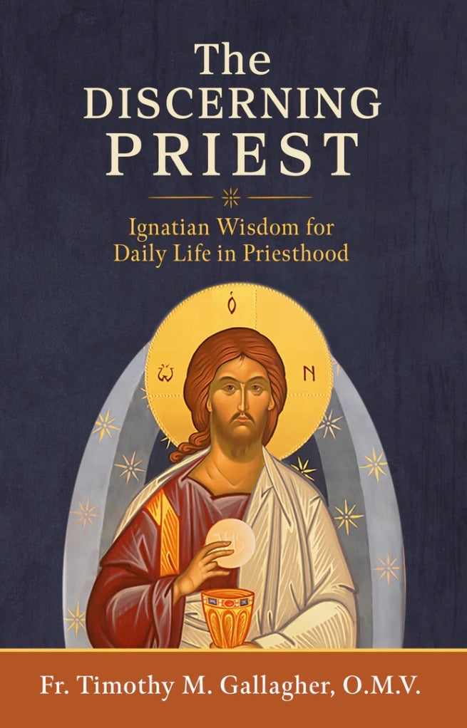 Book cover of 'The Discerning Priest' with a religious icon on a dark background