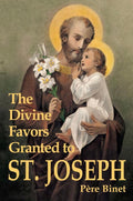 Illustration of Saint Joseph holding a child with a halo above their head, holding flowers.