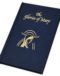 Blue book titled 'The Glories of Mary' with a gold emblem on a white background