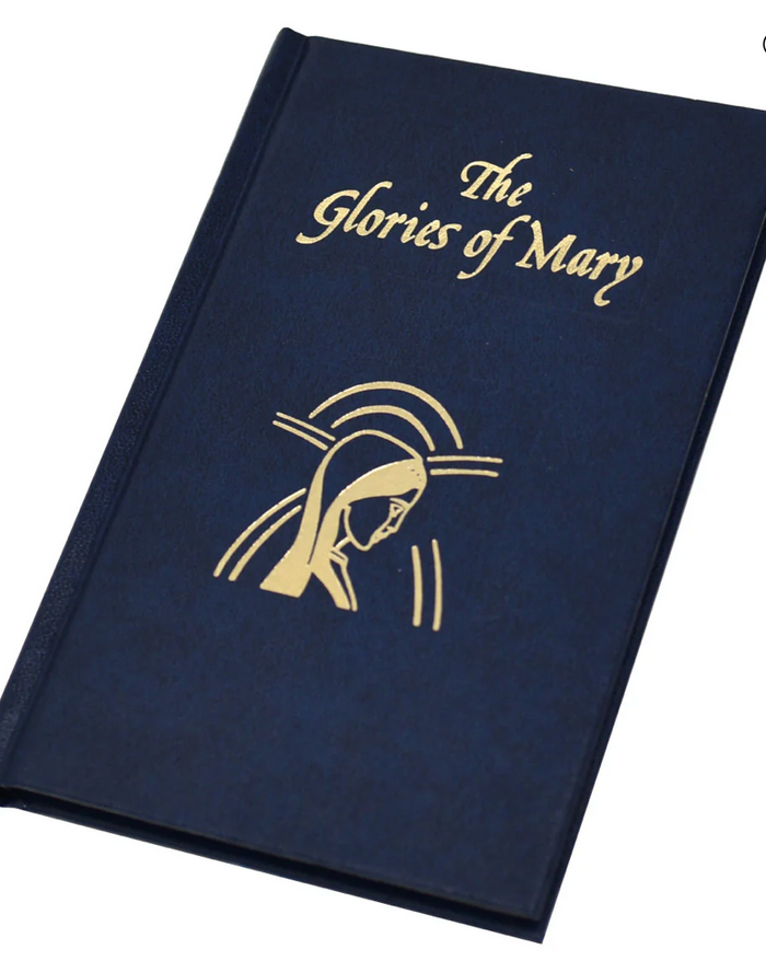 Blue book titled 'The Glories of Mary' with a gold emblem on a white background