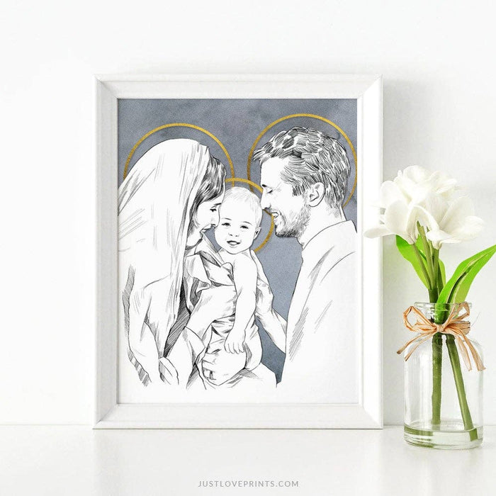 Framed black and white illustration of a family with a vase of flowers on a white surface.