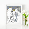 Framed black and white illustration of a family with a vase of flowers on a white surface.