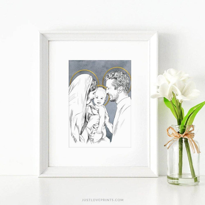Framed artwork of a child and angel with a vase of white tulips on a white surface.