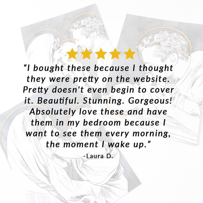 Product with five-star rating and review text on a white background