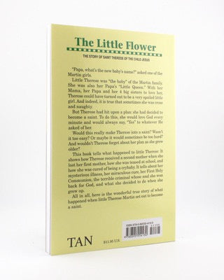 Back cover of a book titled 'The Little Flower' with text and a visible brand logo.