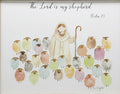 Framed artwork of a shepherd with colorful sheep and 'The Lord is my shepherd' text.