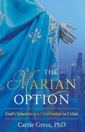 Book cover of 'The Marian Option' with a blue draped figure and cityscape in the background