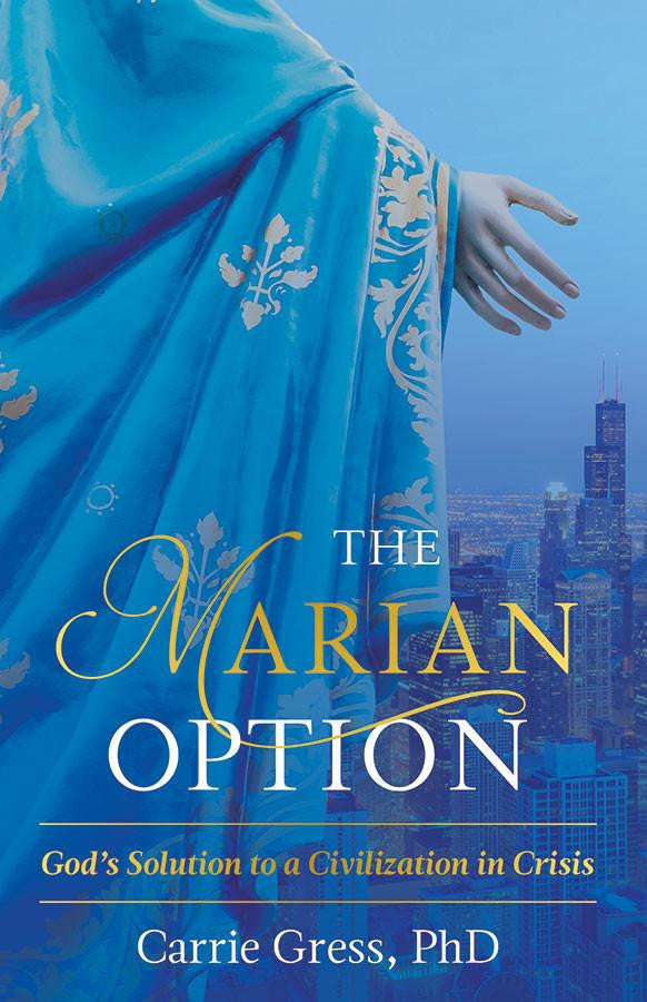 Book cover of 'The Marian Option' with a blue draped figure and cityscape in the background