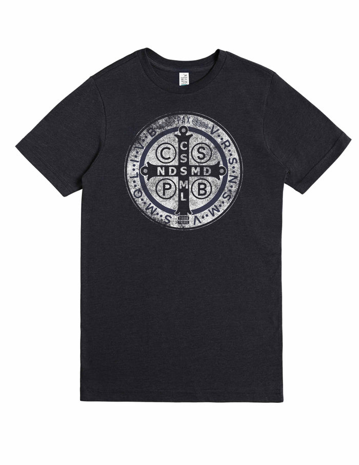 Black t-shirt with a white Benedict logo on a white background