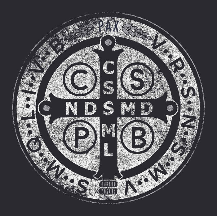 Circular emblem with cross and initials on a black background