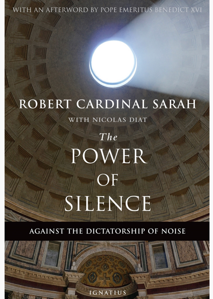 Book cover of 'The Power of Silence' by Robert Cardinal Sarah in a church