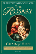 Book cover of 'The Rosary: Chain of Hope' with a painting of a woman and child on a green background.
