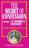 Book cover of 'The Secret of Confession' with a pink background and central image of a religious figure.