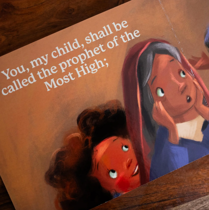 Illustration of a woman and child with text on a wooden surface