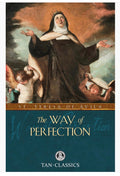 Book cover of 'The Way of Perfection' by St. Teresa of Avila with a religious illustration on a blue background.
