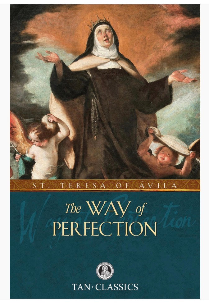 Book cover of 'The Way of Perfection' by St. Teresa of Avila with a religious illustration on a blue background.