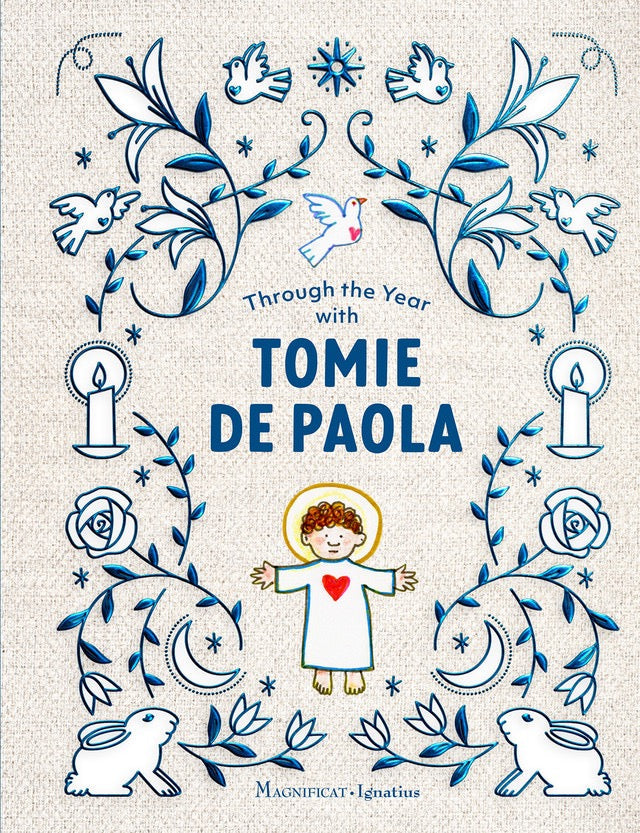 Book cover with illustrations and text 'Through the Year with Tomie de Paola' on a textured background