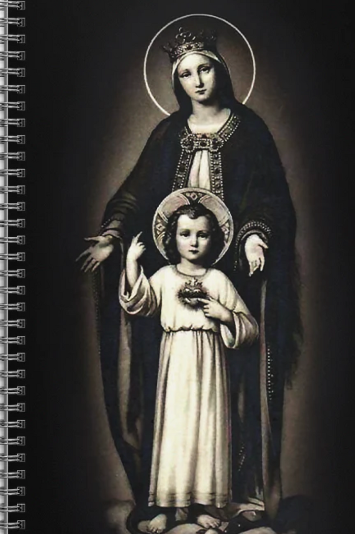 Illustration of a religious figure holding a child on a dark background