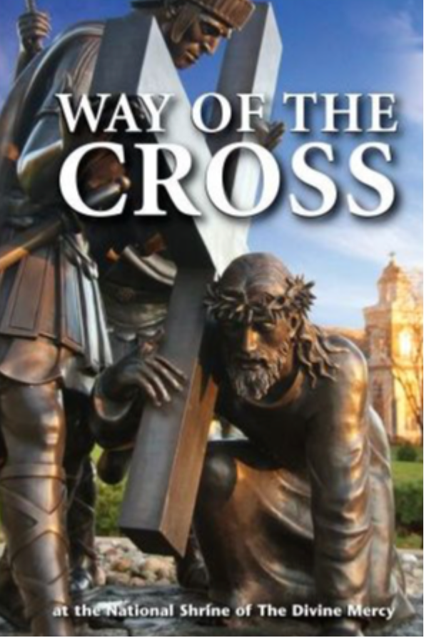 Statues of a soldier and Jesus with a cross against a scenic background, with 'Way of the Cross' text.