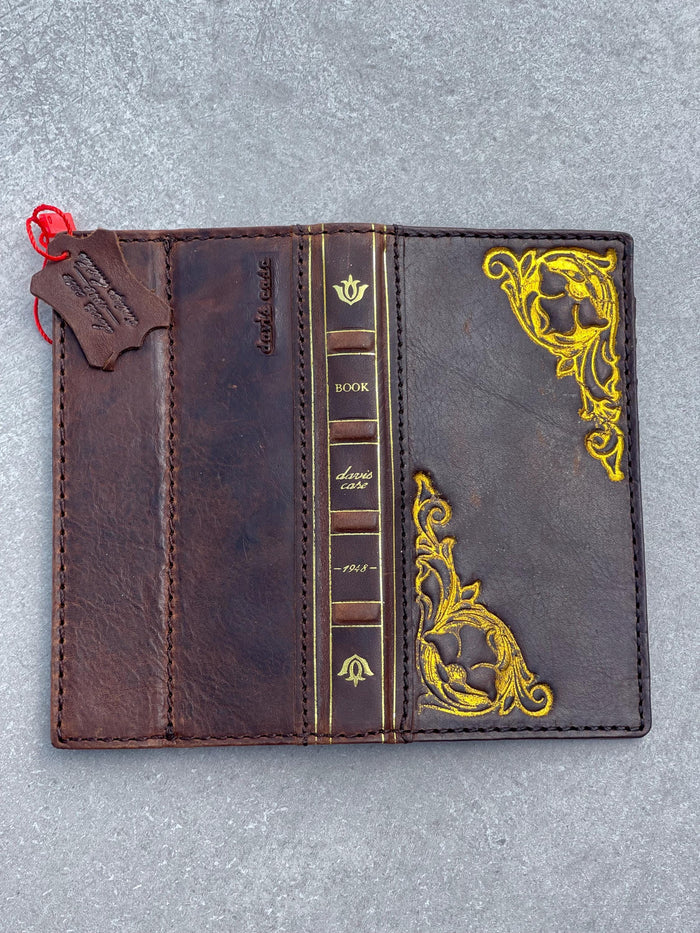Vintage Book Style Leather iPhone Wallet Case: Gold Art Design