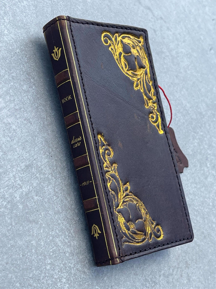 Vintage Book Style Leather iPhone Wallet Case: Gold Art Design
