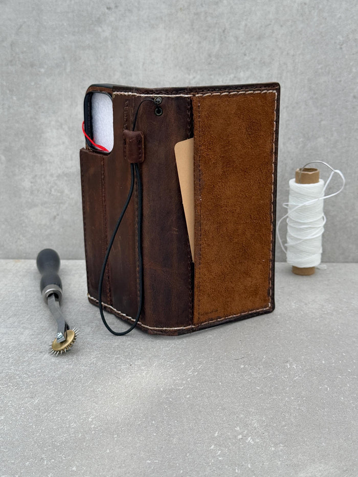Vintage Leather iPhone Wallet Case: Book Style, Card Slots