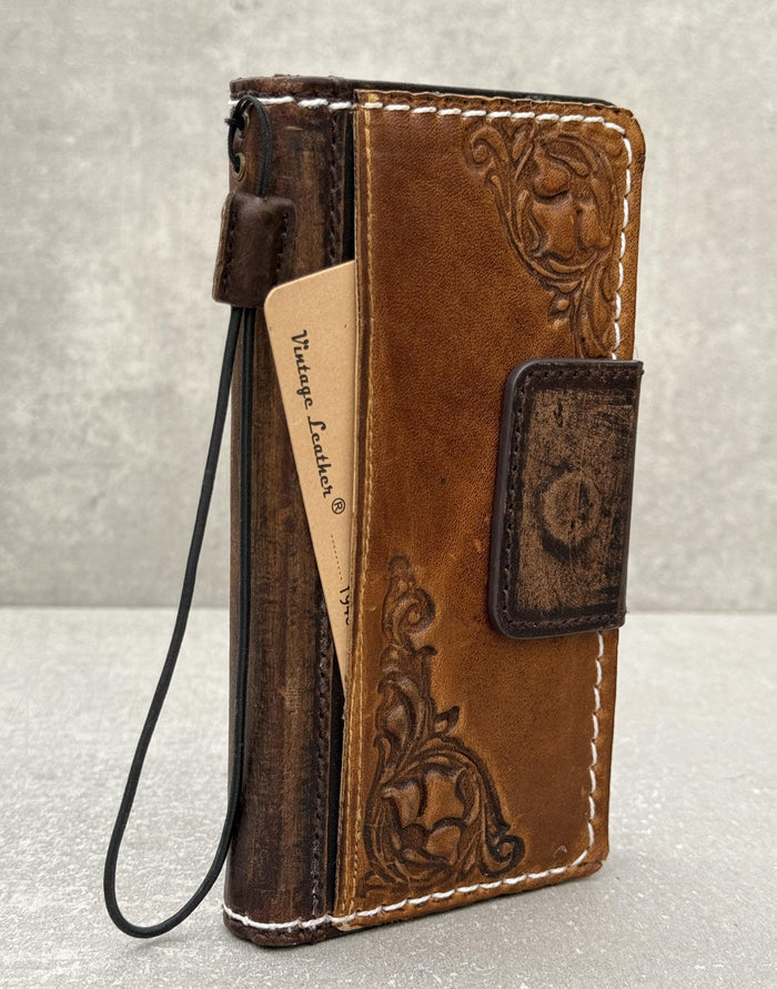 Vintage Leather iPhone Wallet Case: Book Style Cover with Card Slots