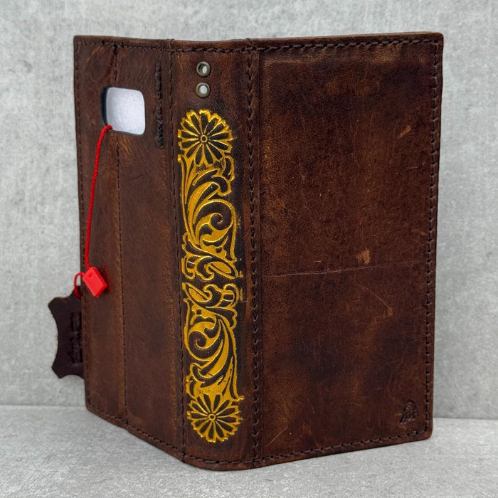 Vintage Leather iPhone Wallet Case: Floral Book Style Cover