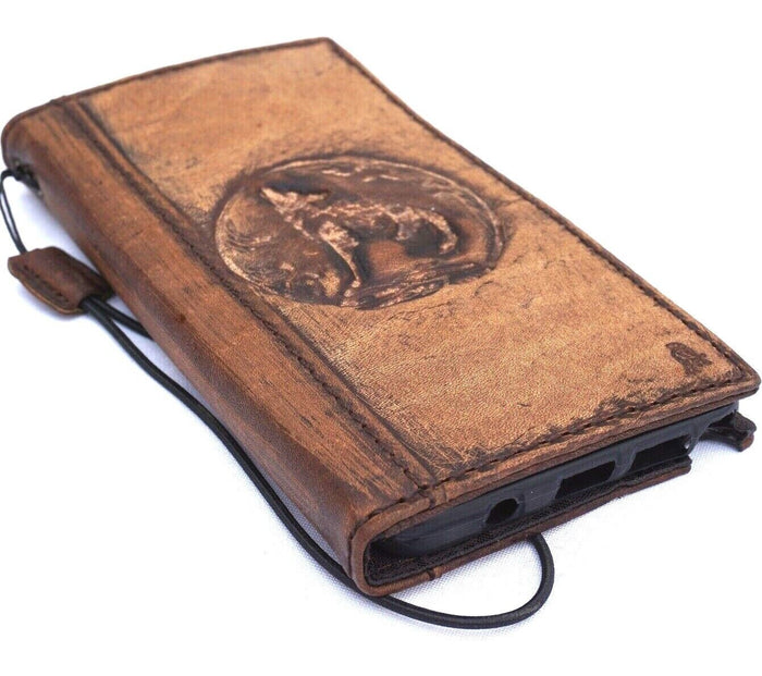 Vintage Leather iPhone Wallet Case: Handmade Wolf Embossed Book Cover