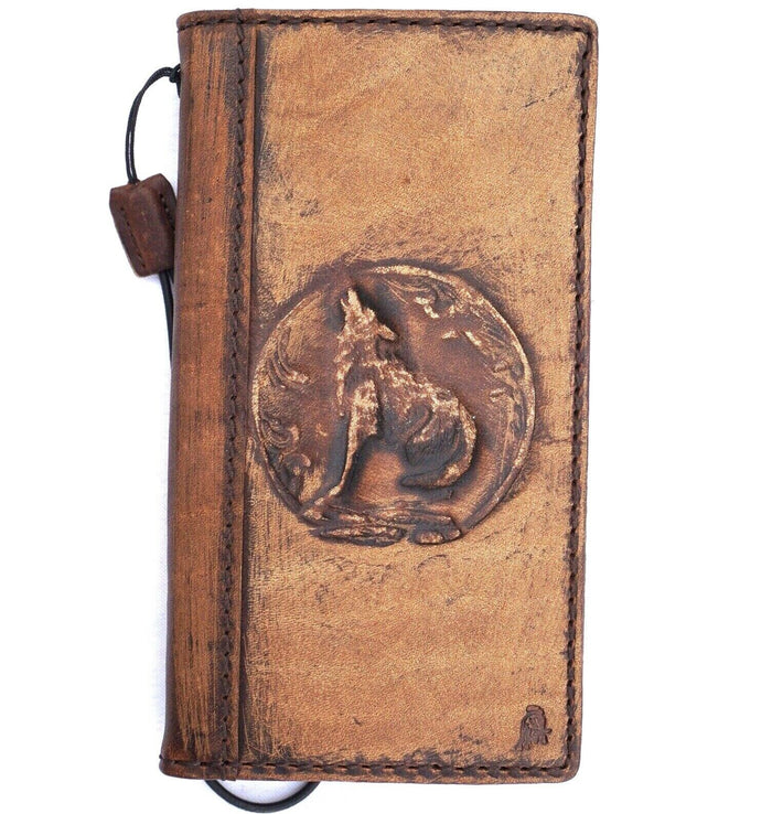Vintage Leather iPhone Wallet Case: Handmade Wolf Embossed Book Cover