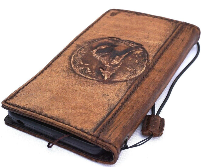 Vintage Leather iPhone Wallet Case: Handmade Wolf Embossed Book Cover