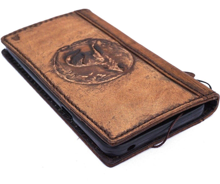 Vintage Leather iPhone Wallet Case: Handmade Wolf Embossed Book Cover