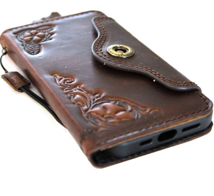 Vintage Style Leather iPhone Wallet Case: Floral Tooled Book Cover