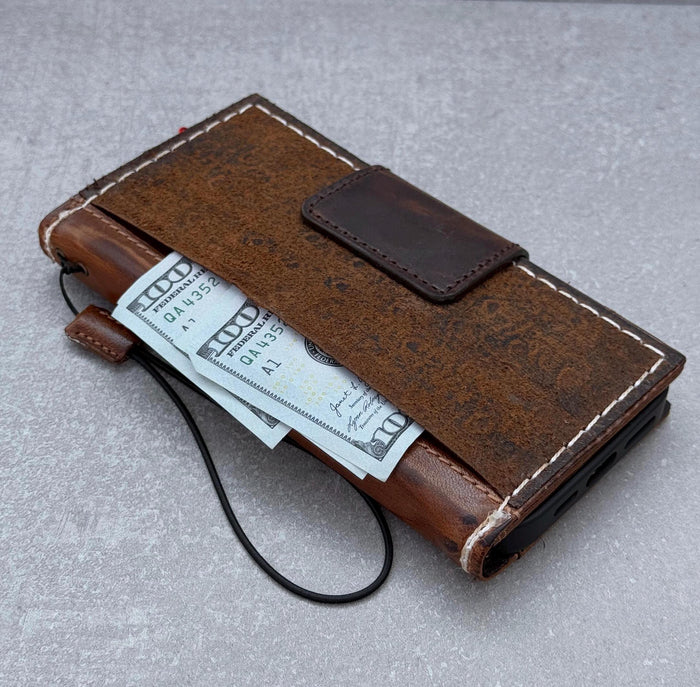 Vintage Style Leather iPhone Wallet Case: Handmade Book Cover with Card Slots